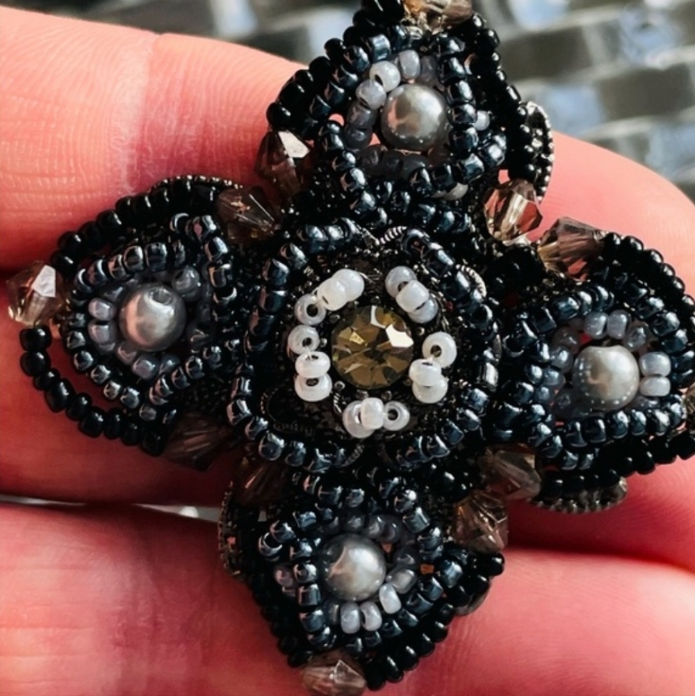 Elegant Black Hand Beaded Brooch vintage Pearls Unique Metallic Bohemian